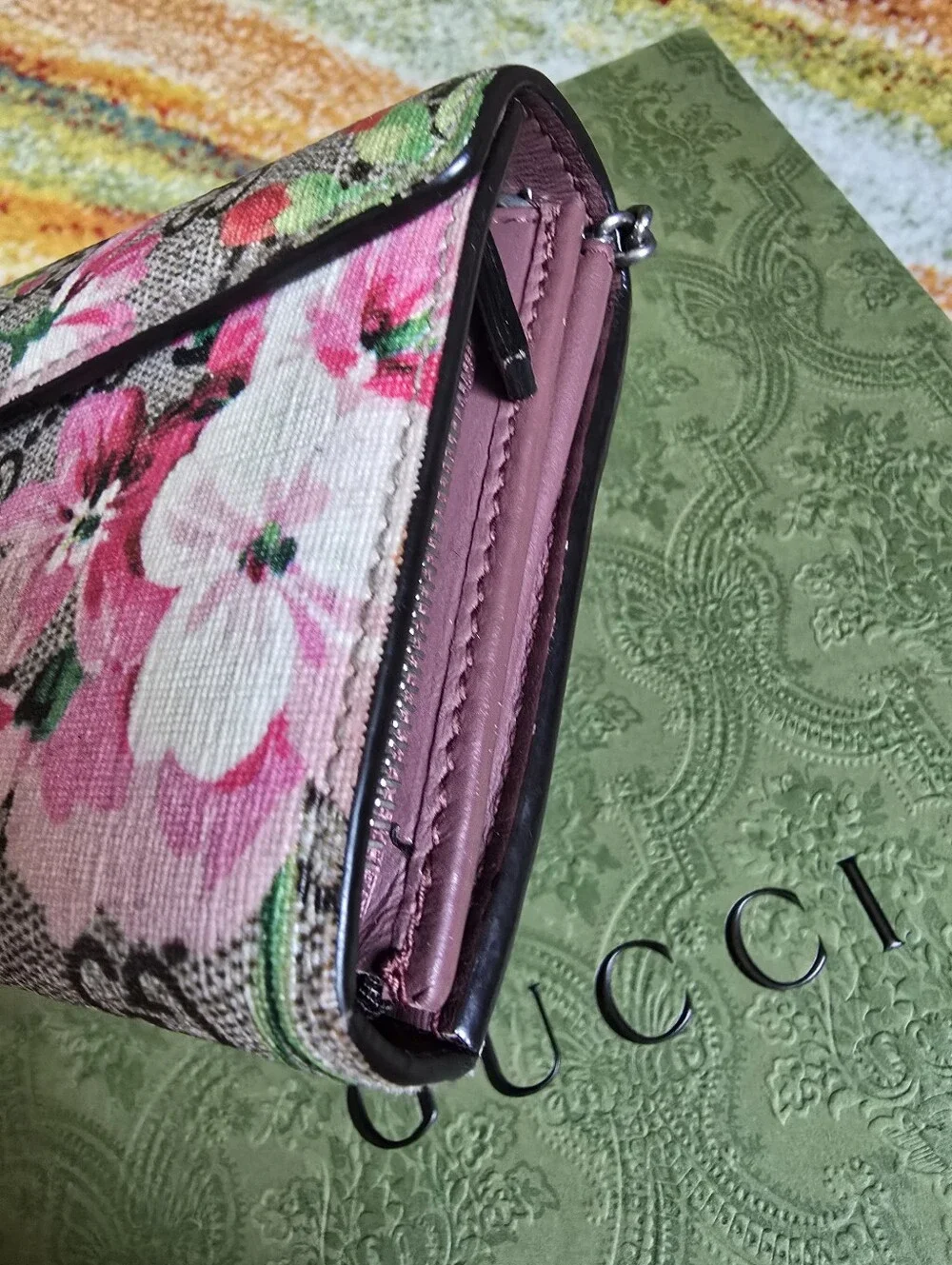 Authentic Gucci Floral Print Chain Wallet in Pink and Green